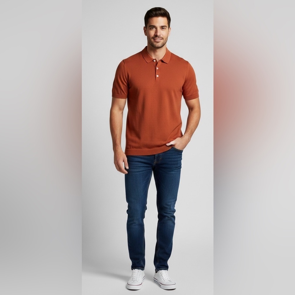 H&M Slim Fit Fine-knit Polo Shirt Orange Cotton Blend Size M